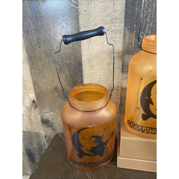 Halloween Decor Orange Black Jar Tealight Candle holder Witch Moon Cat Set Of 3 - Picture 5 of 11